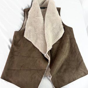 LAUREN Ralph Lauren Faux Suede Vest Petite Large Faux Fur Lined Collared Brown